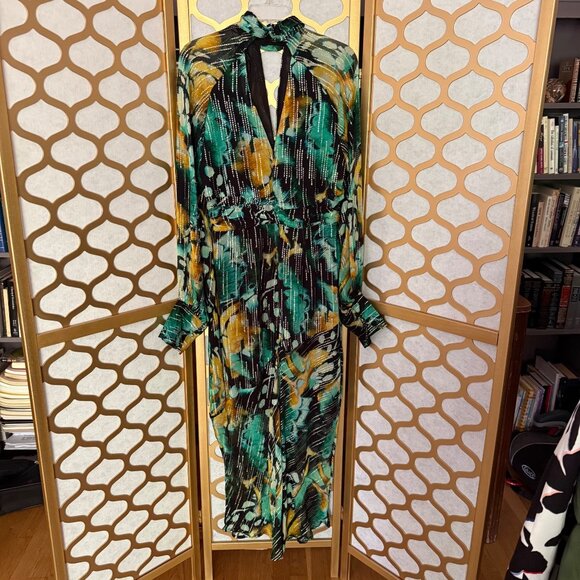 Karen Millen Size 10 NEW Green Metallic Iridescent Long Sleeve Column Midi Dress - Picture 7 of 16